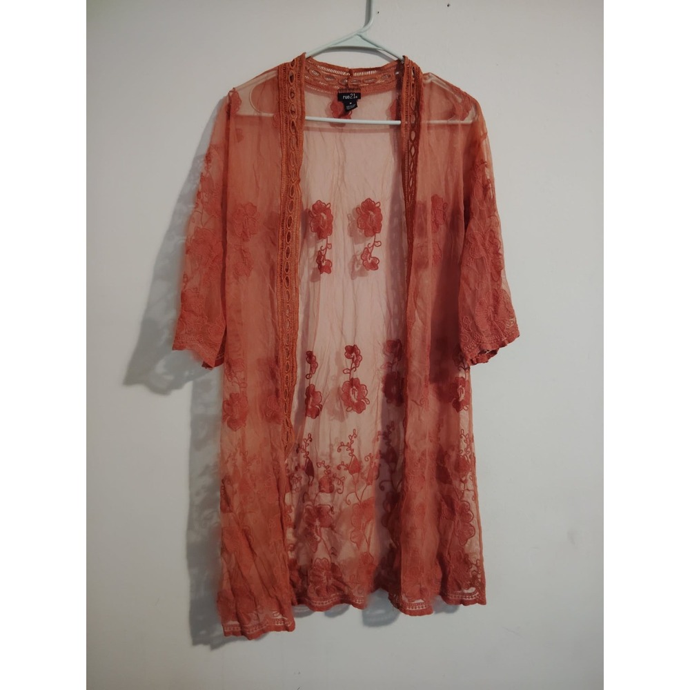 Rue21‎ Womens Rust Orange Floral Embroidered Sheer Lace Kimono Cardigan Size M